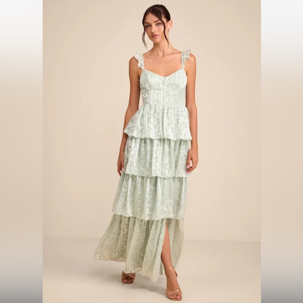 Lulu's Stunning Glory Sage Green Floral Jacquard Tiered Maxi Dress